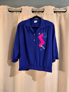 G.W. 80’s Logo 7 Style 2162 Embroidered Blue Blouse Size Medium